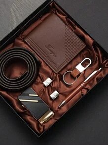 男性5入組/套皮帶、錢包、袖扣、鋼筆、鑰匙扣套禮盒 - 咖啡棕 - 查看 3