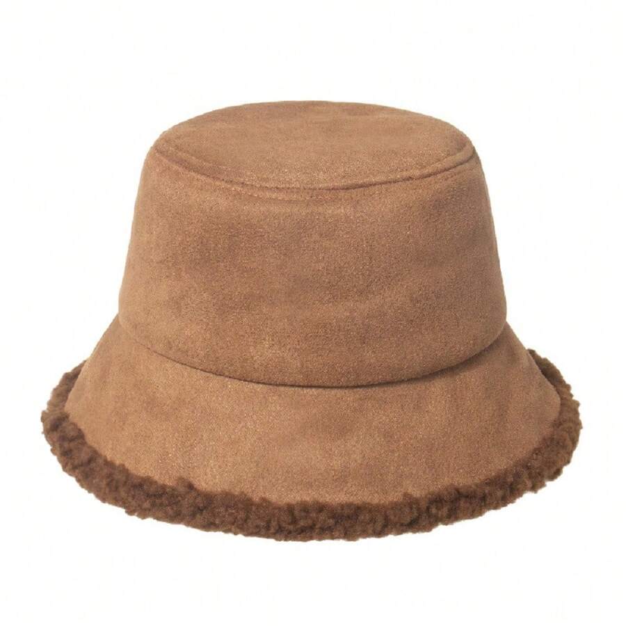 1個女性用麂皮漏斗帽，韓式風格，多功能，加厚保暖，有羊毛編織裝飾，適合小臉型，適用於秋冬季節