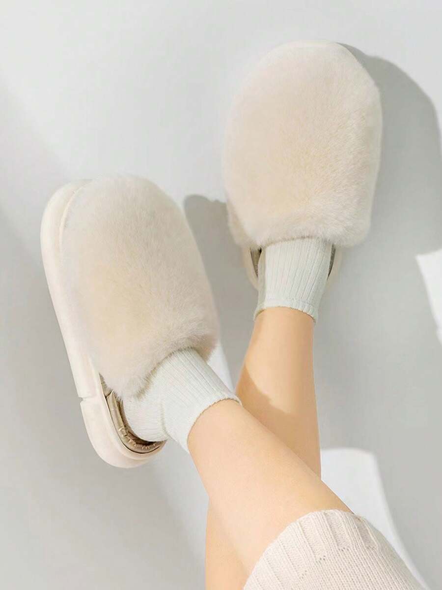 女士毛绒拖鞋，保暖防滑室内家居鞋，适合秋冬季 - 杏色 - 查看 1