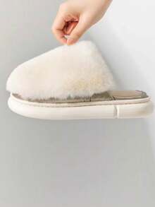 女士毛绒拖鞋，保暖防滑室内家居鞋，适合秋冬季 - 杏色 - 查看 6