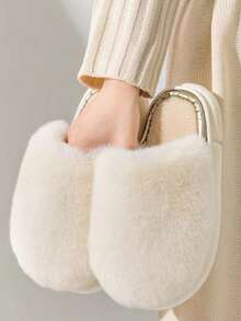 女士毛绒拖鞋，保暖防滑室内家居鞋，适合秋冬季 - 杏色 - 查看 2