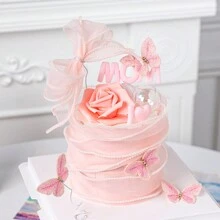 5 件組烘焙蛋糕裝飾 Ins 風格粉紅色紫色蝴蝶生日派對甜點餐桌裝飾帶鎬和禮帽 - 粉色 - 查看 3