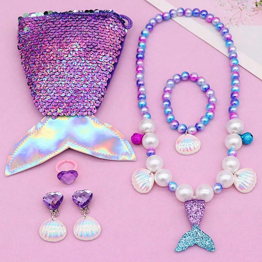 6入組兒童美人魚尾巴貝殼造型項鍊、手鍊、戒指、耳環套裝 - 紫色 - 查看 1