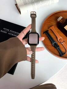 1PC Woman's Gray-Brown Soft Small Waist Reverse Leather Strap, Smart Strap, Compatible With S10/9/8/7/6/5/4/3/2/1 Compatible Watch Band 38/40/41mm 42mm 44/45/46/49mm Niche New Thin Watch Strap - Dark Grey - View 4