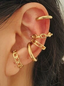 個性化金色葉子中空多層耳環c型耳夾創意簡約不用穿耳洞的耳骨夾五件套裝 - 金色 - 查看 1