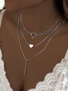 3pcs Simple And Fashionable Preppy Style Heart-Shaped Pendant Multi-Layer Charm Necklace Set, Gift For Women And Girls On Holidays - Silver - View 3