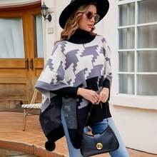 1 Miếng Của phụ nữ Xám Kẻ sọc Lông cừu Trang trí Pompom Cổ áo cao Đan Áo choàng Mưa Đối với Ấm áp , Đúng mốt & Giải trí Mặc hàng ngày - Xám - Xem 3