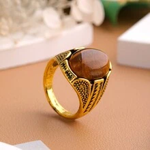 1pc Men's Retro Alloy Ring With Natural Black Agate, Turquoise, Tiger's Eye Stone. Can Be Worn As Daily Accessory Or Given As A Gift. - Brown - View 2