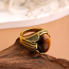 1pc Men's Retro Alloy Ring With Natural Black Agate, Turquoise, Tiger's Eye Stone. Can Be Worn As Daily Accessory Or Given As A Gift. - Brown - View 5