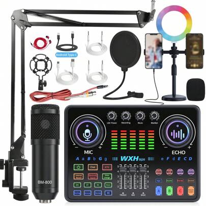 Complete Set Of Live Streaming Sound Card Equipment - 48v Sound Card Microphone Set With Rgb Colorful Lamp And Arm Bracket Kit