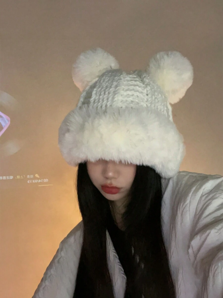 1pc Unisex White Ski Hat With Y2k Style, Pom Pom, Plush, Braided Knitted, Outdoor, Warm, Casual Winter Hat Ideal For Daily Commute - White - View 1