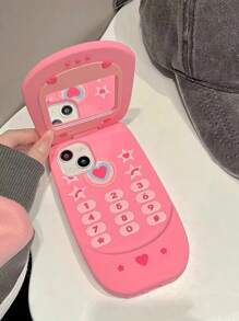 Vintage Sweet Cool Flip Phone Mirror Silicone Case Compatible With Apple IPhone - Pink - View 1