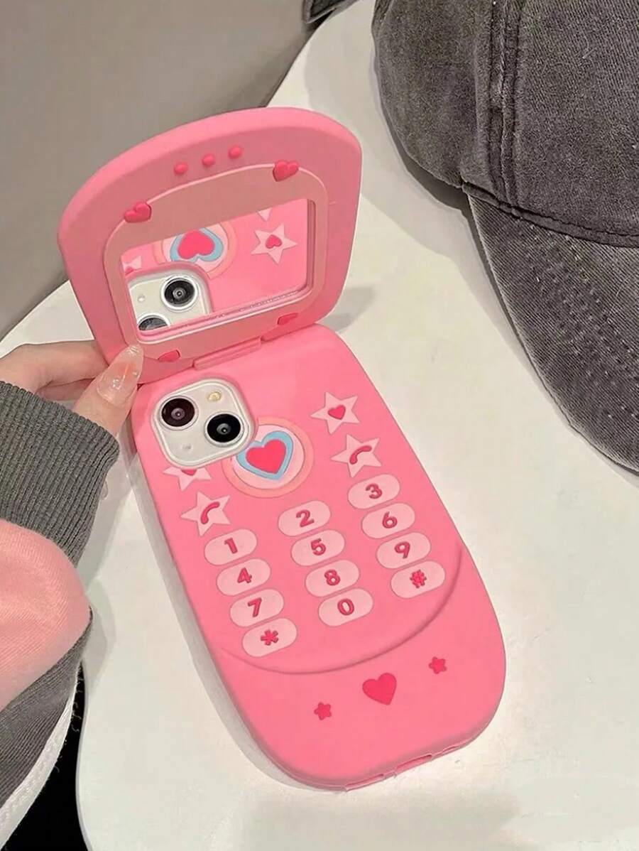 Vintage Sweet Cool Flip Phone Mirror Silicone Case Compatible With Apple IPhone - Pink - View 1