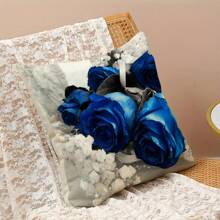 1 Peça Capa De Almofada De Rosa Azul Retrô, Estilo Vintage Flanelado Com Zíper Oculto, Capa De Almofada Impressa De Um Lado, Núcleo Da Almofada Não Incluído, Adequado Para Decoração De Sofá Sala De Estar Quarto - Azul - Visão 3