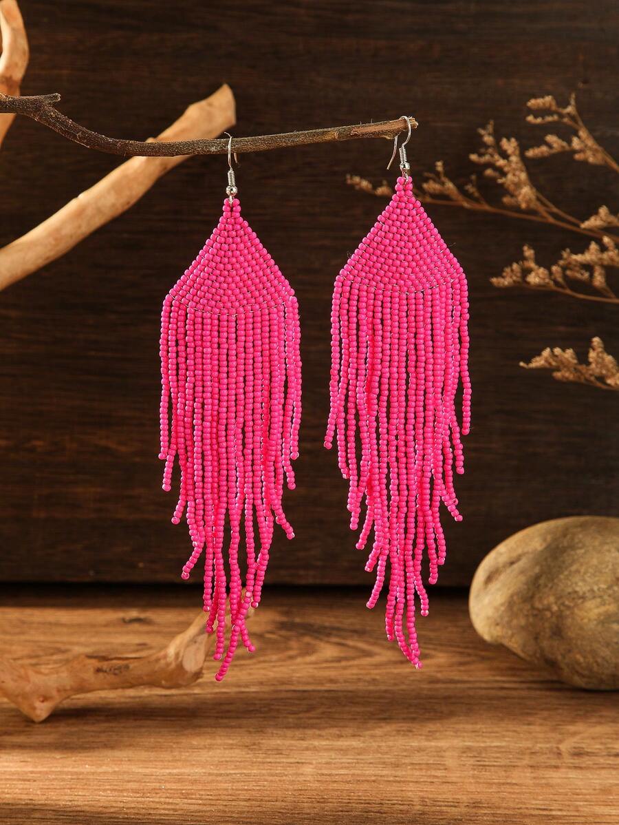 Handmade Beaded Earrings, Boho Style Exaggerated Tassel Earrings, Popular In Europe And America - Hot Pink - View 1