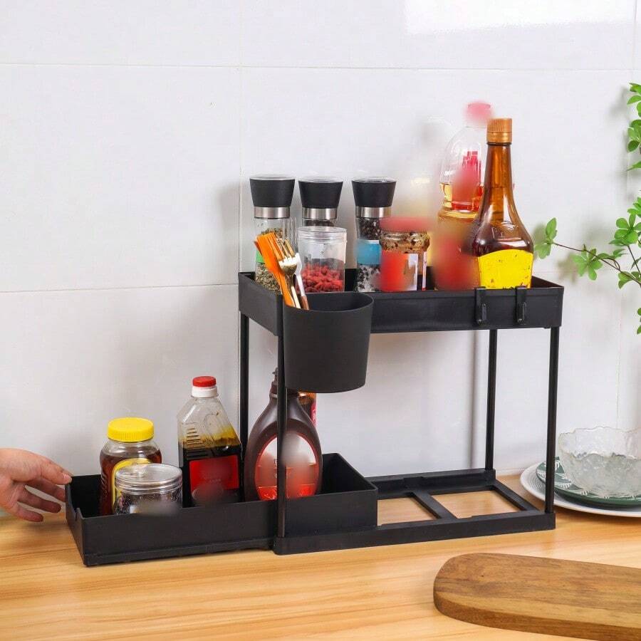 1 Set Double Layer Plastic And Baking Paint Tubes Storage Shelf, Modern Style Black Rectangular Rack With Removable Water Tray For Kitchen And Bathroom Use - Black - View 1