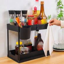 1 Set Double Layer Plastic And Baking Paint Tubes Storage Shelf, Modern Style Black Rectangular Rack With Removable Water Tray For Kitchen And Bathroom Use - Black - View 3