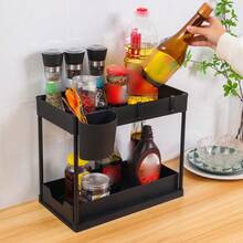 1 Set Double Layer Plastic And Baking Paint Tubes Storage Shelf, Modern Style Black Rectangular Rack With Removable Water Tray For Kitchen And Bathroom Use - Black - View 4