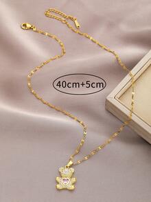 1枚時尚可愛銅熊吊墜項鍊,精美亮麗粉色愛心珠寶,生日禮物女士必備 - 金黃色 - 查看 4