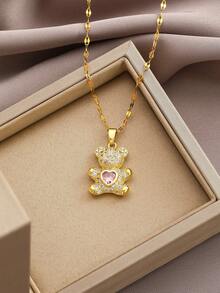 1枚時尚可愛銅熊吊墜項鍊,精美亮麗粉色愛心珠寶,生日禮物女士必備 - 金黃色 - 查看 3