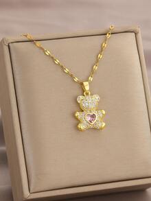 1枚時尚可愛銅熊吊墜項鍊,精美亮麗粉色愛心珠寶,生日禮物女士必備 - 金黃色 - 查看 2