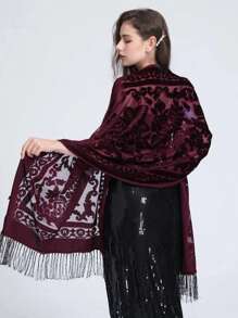 1入女性配件手工編織蕾絲和天鵝絨流蘇圍巾,時尚優雅保暖披肩,適用於派對 - 酒紅色 - 查看 2