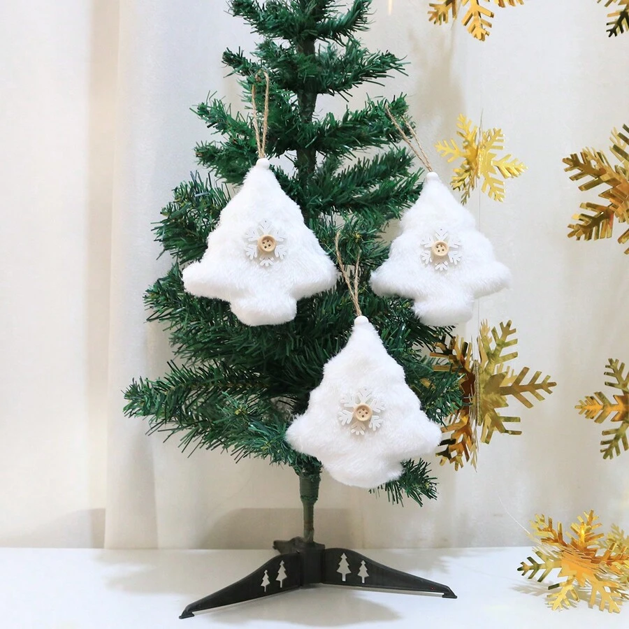 1套(3入)聖誕節飾品創意木製雪花和聖誕樹形狀的毛絨吊飾,用於聖誕樹裝飾 - 白色 - 查看 1