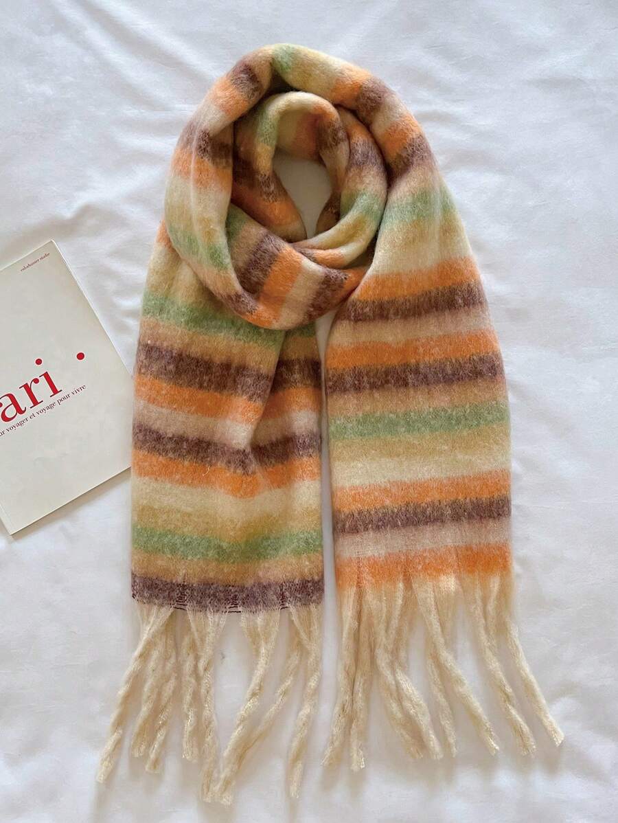 1入女士「多巴胺條紋」流蘇柔軟時尚馬毛圍巾,適用於秋冬季日常穿搭