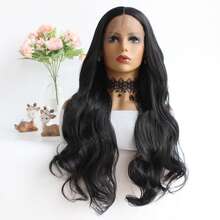 24英寸自然柔軟黑色長度波浪型合成拉花頭套,具熱阻纖維髮,時尚日常假髮