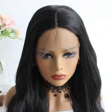 24英寸自然柔軟黑色長度波浪型合成拉花頭套,具熱阻纖維髮,時尚日常假髮