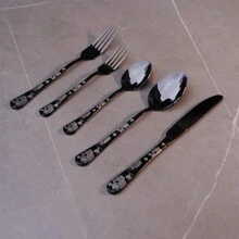 5入組不銹鋼餐具套裝,黑色玫瑰與骷髏圖案,適用於餐具裝飾,包含刀、叉、匙,適合節日派對禮品