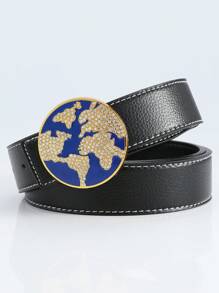 1條迈阿密風格嘻哈藍色油滴地圖設計男士腰帶,鋅合金鑲嵌鑽石扣,時尚男友禮物 - 金色 - 查看 4