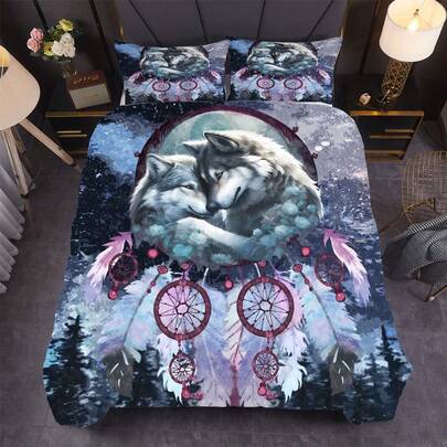 3pcs Wolf Print Bedding Set, Dreamcatcher Duvet Cover Set (1pc Duvet Cover + 2pcs Pillowcases, Excluding Pillow Insert)