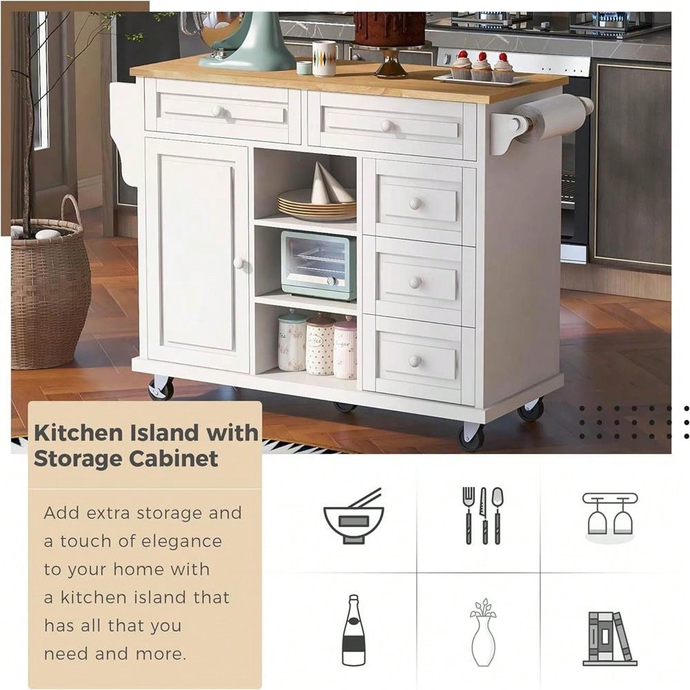 Moccha Kitchen Island, Stationary Island Table With 2-Door Storage Cabinet, 2 Open Shelves, 2 Drawers, 6-Tier Spice Racks, Wood Kitchen Counter For Dining Room, 29.5"D X 39.5"W X 38"H, White