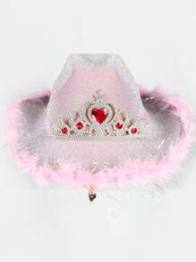 1pc Men's And Women's Shiny Pink Feather & Rhinestone Decor Western Cowboy Hat With Pull Cord, Vintage British Jazz Hat, Theme Party Halloween Carnival Hat, Wide Brim Woolen Hat, Fashionable Couple Hat, Felt Hat, Sun Hat, Autumn And Winter - Pink - View 4