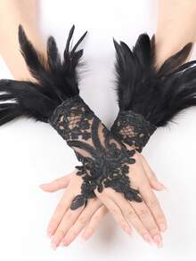 時尚黑羽毛和蕾絲手套,蕾絲頸圈和項鍊套裝,適用於哥德派對,cosplay,新娘飾品 - 3入組