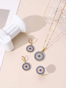 經典鍍銅合金霧面圓形吊墜項鍊配耳環和戒指套裝,鑲嵌滿水鑽,適合女士日常佩戴