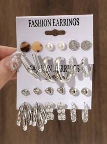 12 Pairs Fashionable Versatile Heart-Shaped Faux Pearl Decorated Earrings - Multicolor - View 3