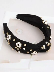 1入時尚的編結寬布頭帶,帶鑲嵌細節,適合聖誕派對和節日穿搭,可作為禮物使用 - 黑色 - 查看 2
