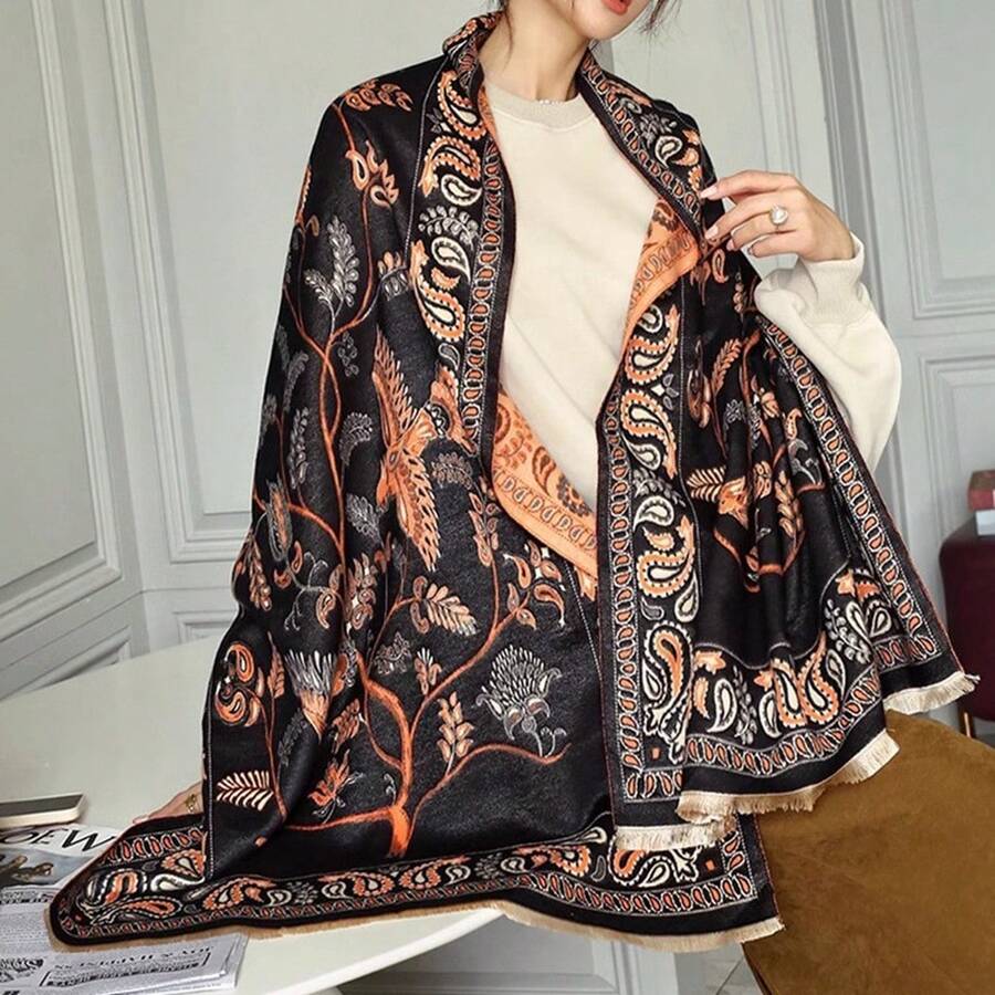 1條新款女鎮黑色和橙色全配暖和圍巾,仿羊絨長款外穿披肩 - 黑色 - 查看 1