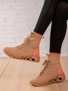 Women's Lightweight & Comfortable Casual Camel Mid-Top Slip-On Sneakers With Laces - Camel - View 1