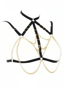 可調式肩帶束縛鏈配件鏤空性感黑色女式內衣 - 黑色 - 查看 5