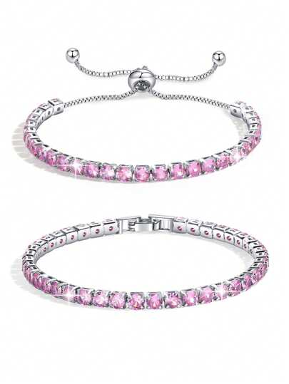 2pcs Adjustable Zirconia Tennis Bracelet, Suitable For Women And Girls Everyday Wear