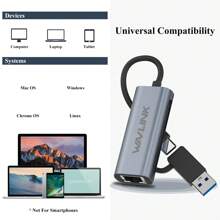 Wavlink 2.5g Usb C 和usb 3.0 乙太網路轉接器,混合二合一網路轉接器,相容於usb C/thunderbolt 3 或usb 3.0 筆記型電腦,鋁製便攜式usb-a 和type-c 轉rj45 轉接器,相容於、windows 和linux (蘋果灰) - 銀色 - 查看 6