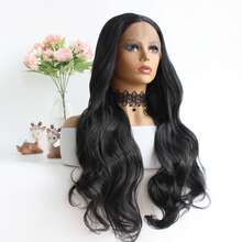 24英寸自然柔軟黑色長度波浪型合成拉花頭套,具熱阻纖維髮,時尚日常假髮