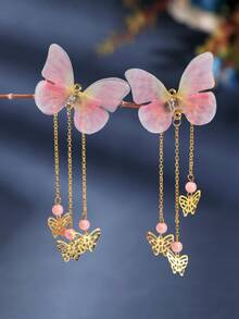 2pcs Butterfly & Tassel Vintage Style Hair Accessories, Cute Hair Clips - Pink - View 2