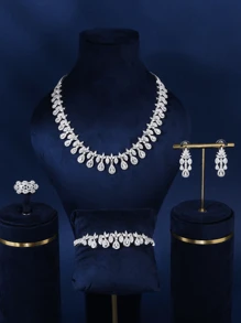 Hộp quà tặng trang sức 4 món cho phụ nữ trang trí mạ điện bạch kim rhodium cô dâu cưới 3A Cubic Zirconia cho ngày lễ tình nhân quà tặng Giáng sinh - Bộ hộp quà hình giọt nước - Xem 2