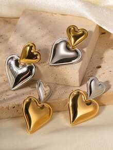 1pair Manufacturer Custom Service Smooth Heart-Shaped Silver Plated Stainless Steel Drop Earrings For Women Party Wearing - Yellow Gold - View 1
