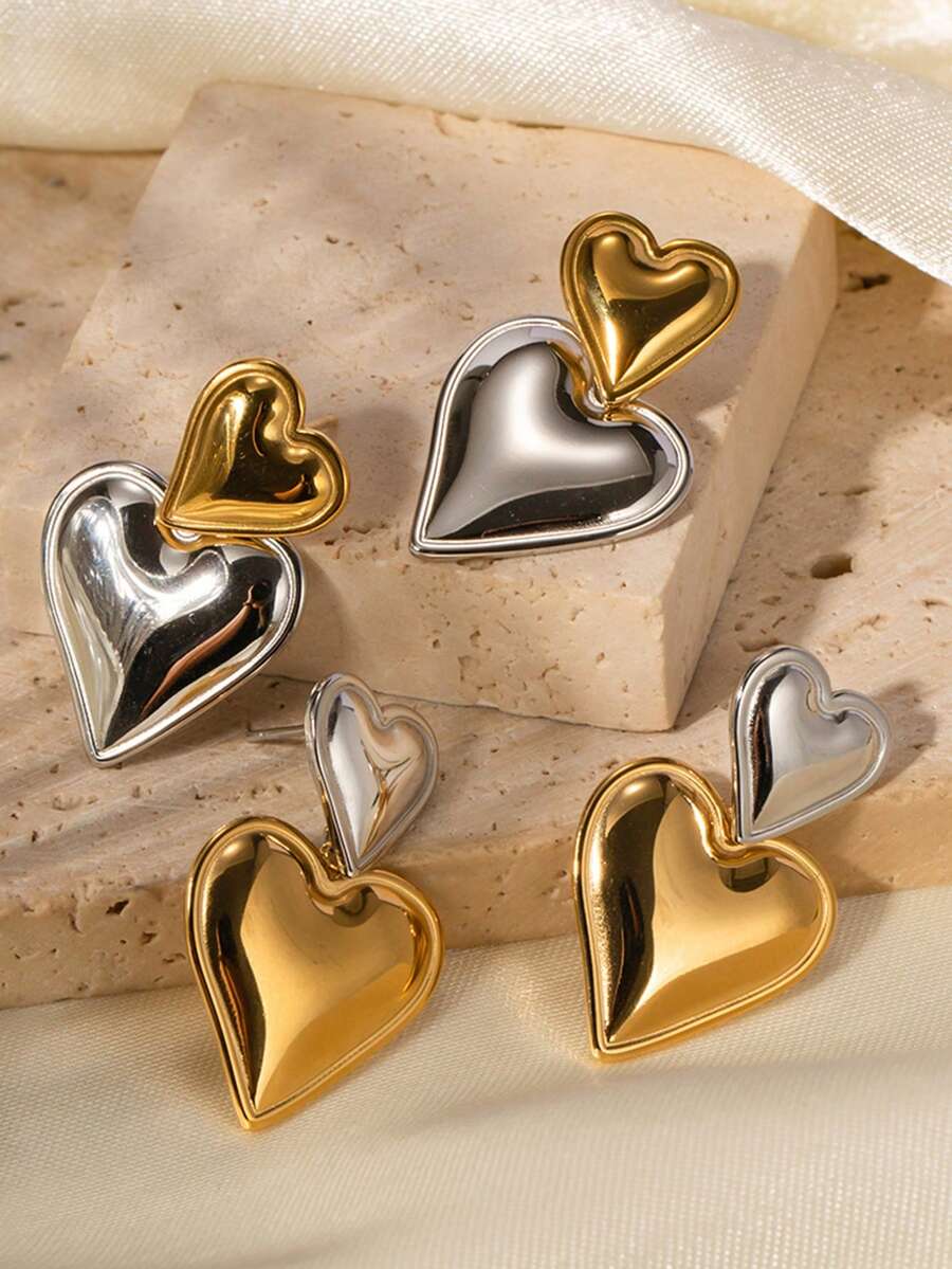 1pair Manufacturer Custom Service Smooth Heart-Shaped Silver Plated Stainless Steel Drop Earrings For Women Party Wearing - Yellow Gold - View 1