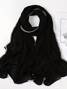 Elegant Fashion Faux Pearl Chain Headscarf, Modest Chiffon Decorative Scarf Hijab Shawl,Beach,Holiday - Black - View 3